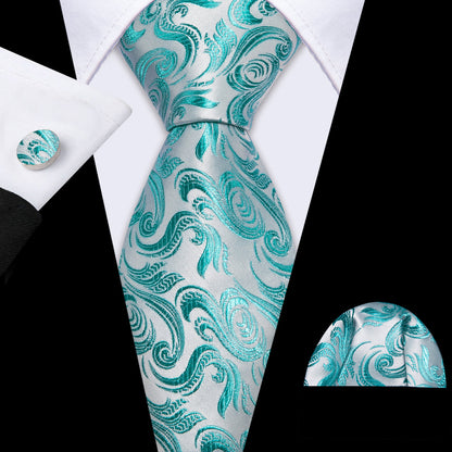 Teal Blue White Floral Silk Tie, Pocket Square and Cufflinks Set tie sets    - Sophisticated Gentlemen