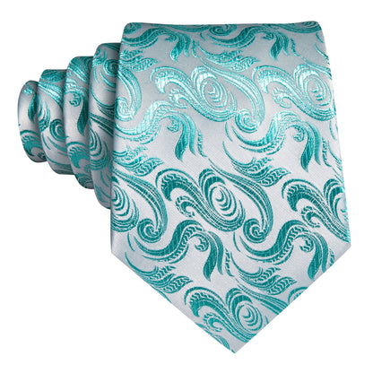 Teal Blue White Floral Silk Tie, Pocket Square and Cufflinks Set tie sets    - Sophisticated Gentlemen