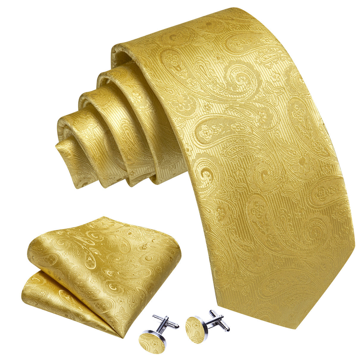 Gold Paisley Silk Tie, Pocket Square and Cufflinks Set tie sets    - Sophisticated Gentlemen