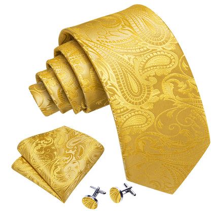 Gold Paisley Silk Tie, Pocket Square and Cufflinks Set tie sets    - Sophisticated Gentlemen