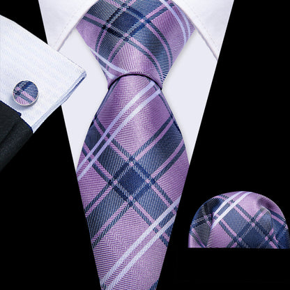 Purple Blue Checkered Plaid Tie, Pocket Square and Cufflinks Set tie sets    - Sophisticated Gentlemen