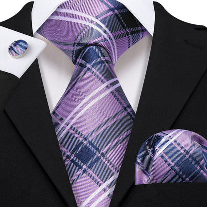Purple Blue Checkered Plaid Tie, Pocket Square and Cufflinks Set tie sets    - Sophisticated Gentlemen