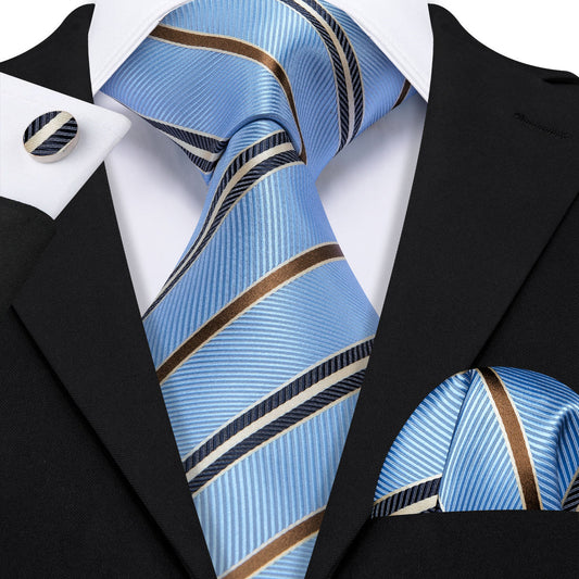 Blue, Brown and Black Striped Tie, Pocket Square and Cufflinks tie sets Default Title - Sophisticated Gentlemen