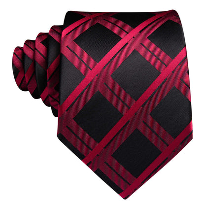 Dark Red Plaid Black Silk Tie, Pocket Square and Cufflinks Set tie sets    - Sophisticated Gentlemen