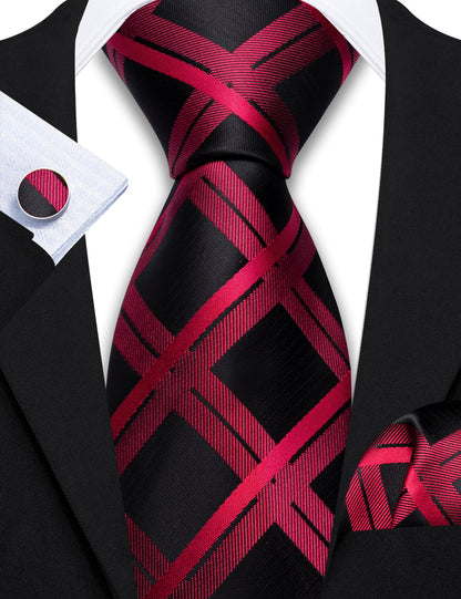 Dark Red Plaid Black Silk Tie, Pocket Square and Cufflinks Set tie sets    - Sophisticated Gentlemen