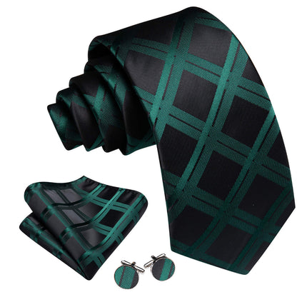 Black Dark Green Plaid Silk Tie, Pocket Square and Cufflinks Set tie sets    - Sophisticated Gentlemen