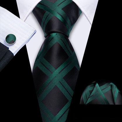 Black Dark Green Plaid Silk Tie, Pocket Square and Cufflinks Set tie sets    - Sophisticated Gentlemen