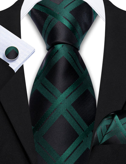 Black Dark Green Plaid Silk Tie, Pocket Square and Cufflinks Set tie sets    - Sophisticated Gentlemen