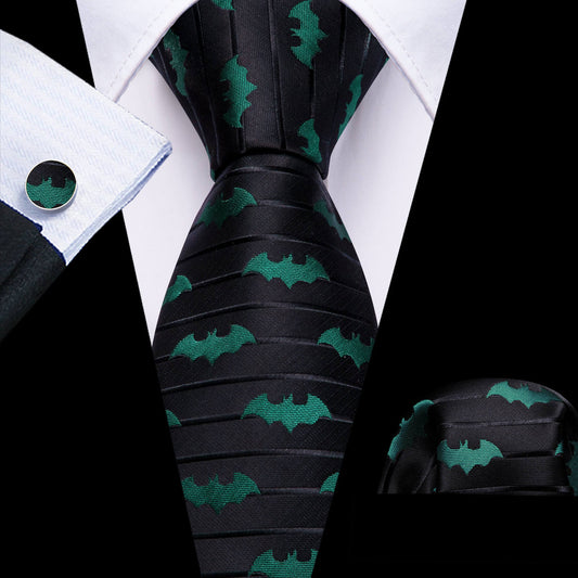 Black & Green Silk Bat Tie Set with Pocket Square and Cufflinks tie sets    - Sophisticated Gentlemen