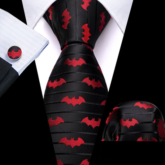 Black & Red Jacquard Bat Silk Tie Set with Pocket Square and Cufflinks tie sets    - Sophisticated Gentlemen