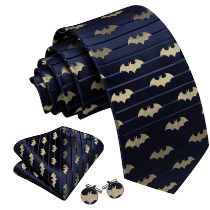 Navy Blue & Yellow Woven Bat Silk Tie Set with Pocket Square and Cufflinks tie sets    - Sophisticated Gentlemen