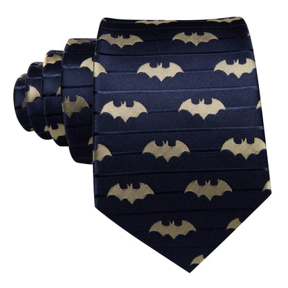 Navy Blue & Yellow Woven Bat Silk Tie Set with Pocket Square and Cufflinks tie sets    - Sophisticated Gentlemen