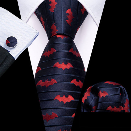 Navy Blue Tie with Crimson Bat Silhouettes tie sets    - Sophisticated Gentlemen