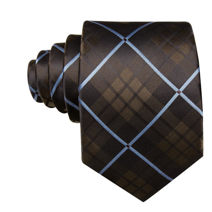 Brown with Blue Line Plaid Handkerchief Tie, Pocket Square and Cufflinks Set tie sets    - Sophisticated Gentlemen