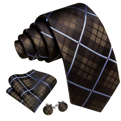 Brown with Blue Line Plaid Handkerchief Tie, Pocket Square and Cufflinks Set tie sets    - Sophisticated Gentlemen