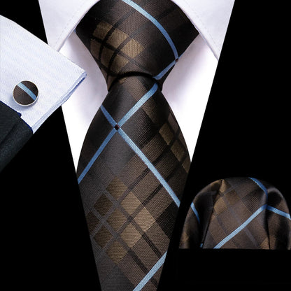 Brown with Blue Line Plaid Handkerchief Tie, Pocket Square and Cufflinks Set tie sets    - Sophisticated Gentlemen