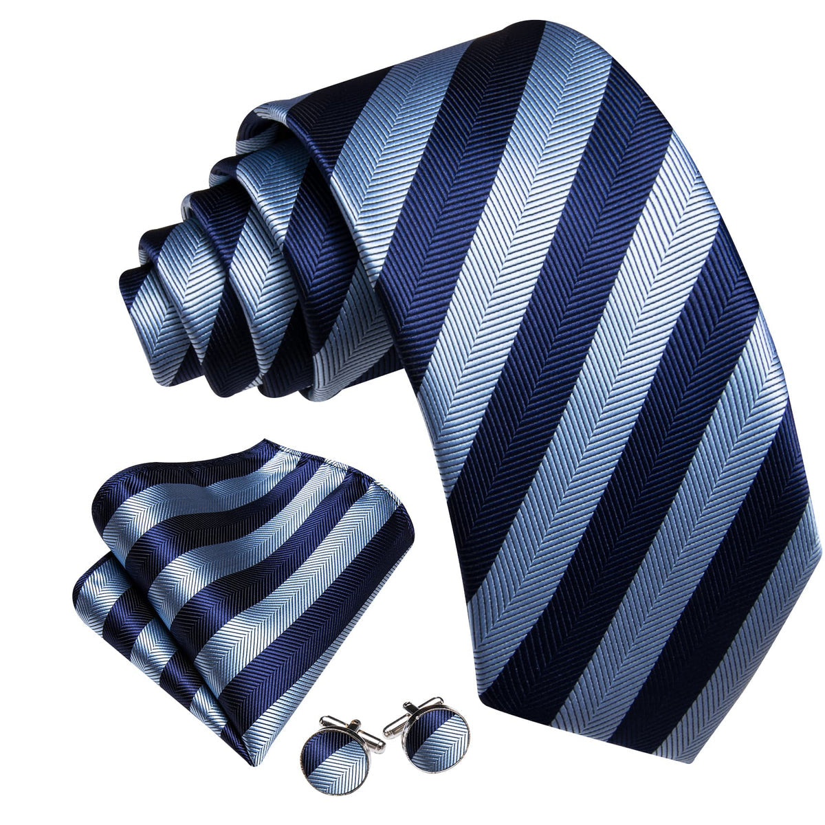 Blue Striped Jacquard Pattern Tie, Pocket Square and Cufflinks Set tie sets    - Sophisticated Gentlemen