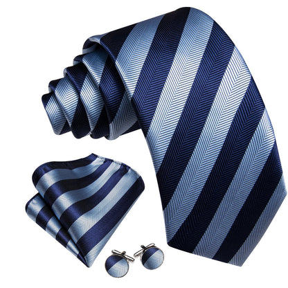 Blue Striped Jacquard Pattern Tie, Pocket Square and Cufflinks Set tie sets    - Sophisticated Gentlemen