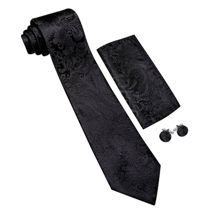 Black Jacquard Floral Pattern Tie, Pocket Square and Cufflinks Set tie sets    - Sophisticated Gentlemen