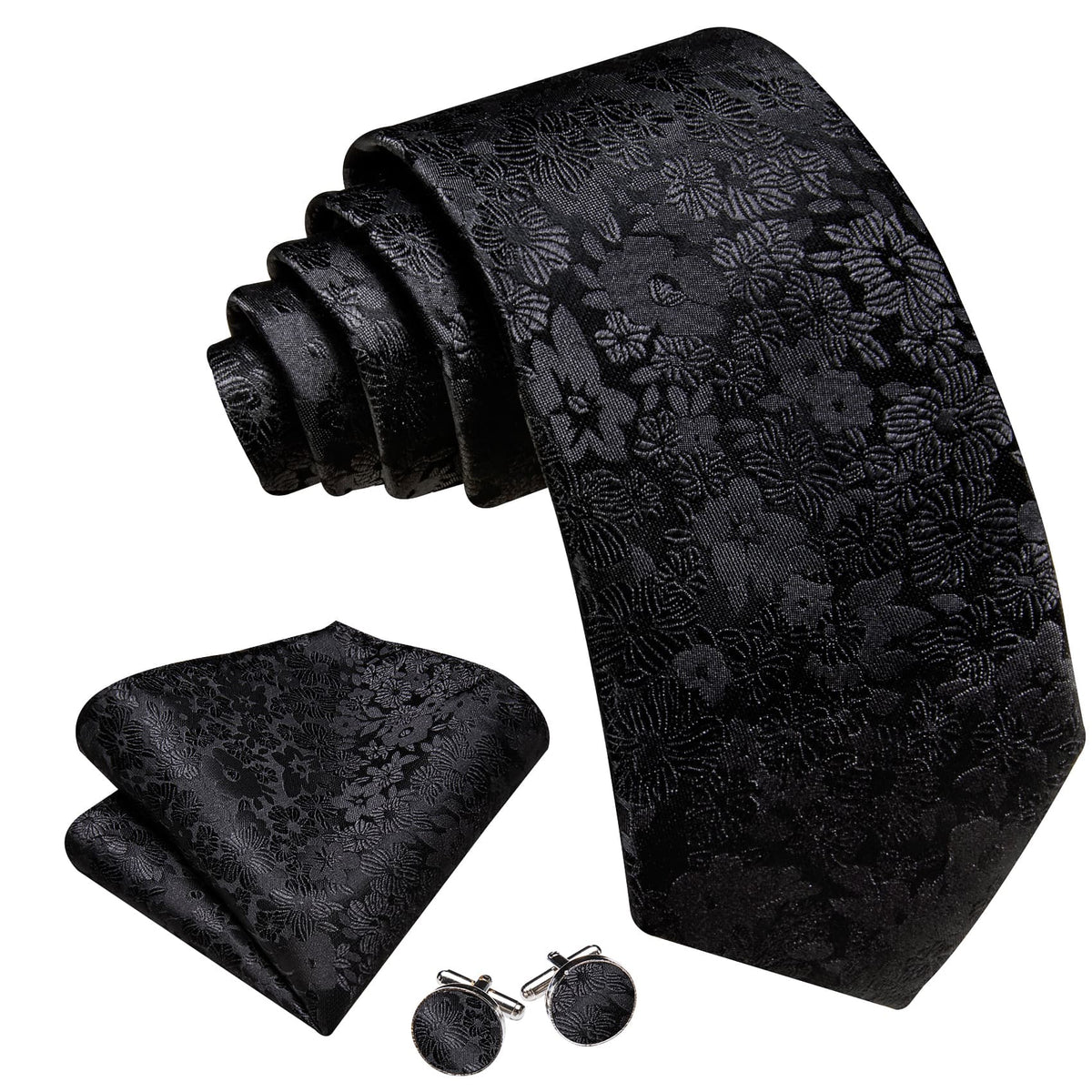 Black Floral Sunflower Tie, Pocket Square and Cufflinks Set tie sets    - Sophisticated Gentlemen