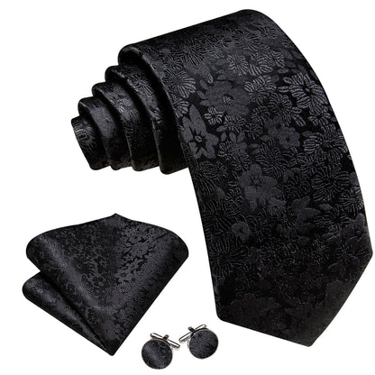 Black Floral Sunflower Tie, Pocket Square and Cufflinks Set tie sets    - Sophisticated Gentlemen