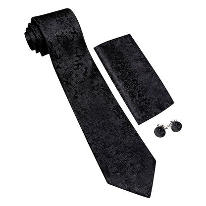 Black Floral Sunflower Tie, Pocket Square and Cufflinks Set tie sets    - Sophisticated Gentlemen