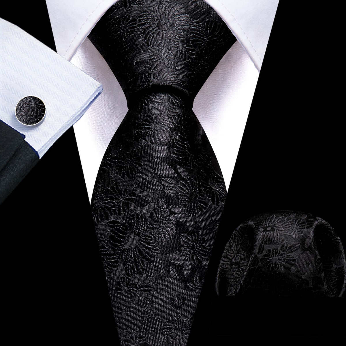 Black Floral Sunflower Tie, Pocket Square and Cufflinks Set tie sets    - Sophisticated Gentlemen