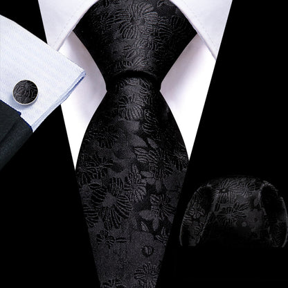 Black Floral Sunflower Tie, Pocket Square and Cufflinks Set tie sets    - Sophisticated Gentlemen