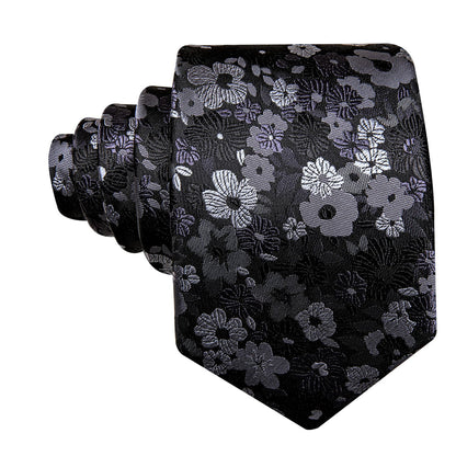 Black Gray Jacquard Floral Pattern Tie, Pocket Square and Cufflinks Set tie sets    - Sophisticated Gentlemen