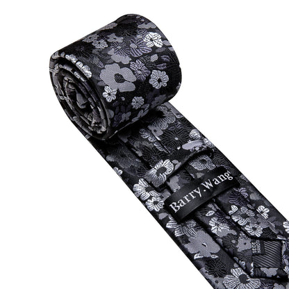 Black Gray Jacquard Floral Pattern Tie, Pocket Square and Cufflinks Set tie sets    - Sophisticated Gentlemen