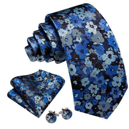 Blue Silver Jacquard Floral Pattern Tie, Pocket Square and Cufflinks Set tie sets    - Sophisticated Gentlemen