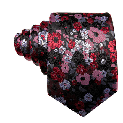 Black Red Jacquard Floral Pattern Tie, Pocket Square and Cufflinks Set tie sets    - Sophisticated Gentlemen