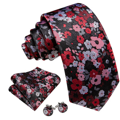 Black Red Jacquard Floral Pattern Tie, Pocket Square and Cufflinks Set tie sets    - Sophisticated Gentlemen