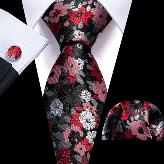 Black Red Jacquard Floral Pattern Tie, Pocket Square and Cufflinks Set tie sets    - Sophisticated Gentlemen