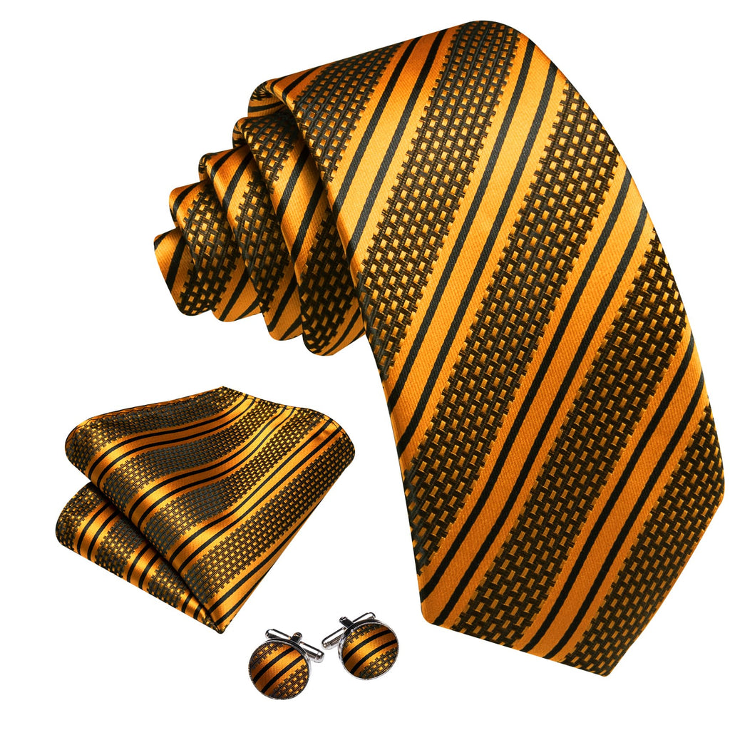 Gold Black Striped Tie, Pocket Square and Cufflinks Set tie sets    - Sophisticated Gentlemen