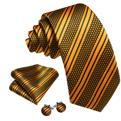 Gold Black Striped Tie, Pocket Square and Cufflinks Set tie sets    - Sophisticated Gentlemen