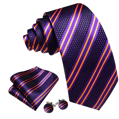 Purple Yellow Striped Tie, Pocket Square and Cufflinks Set tie sets    - Sophisticated Gentlemen