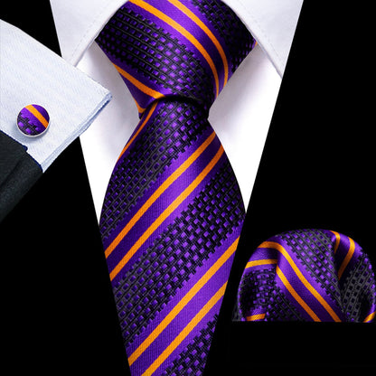 Purple Yellow Striped Tie, Pocket Square and Cufflinks Set tie sets    - Sophisticated Gentlemen