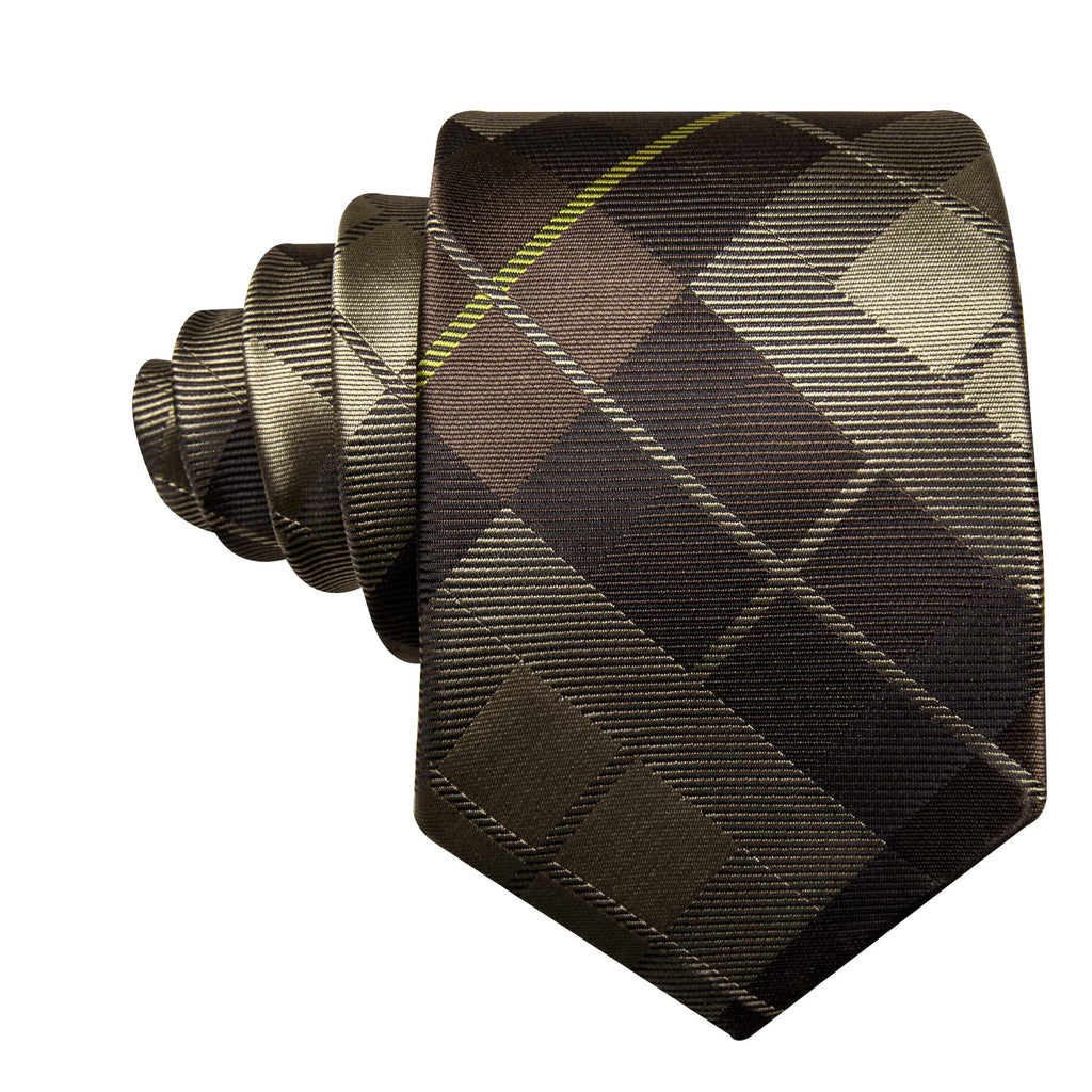 Dark Brown Plaid Checkered Tie, Pocket Square and Cufflinks Set tie sets    - Sophisticated Gentlemen