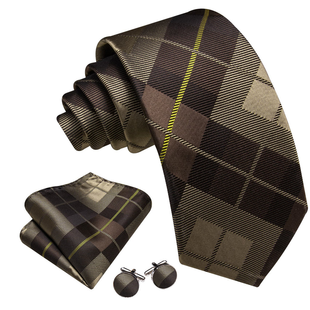 Dark Brown Plaid Checkered Tie, Pocket Square and Cufflinks Set tie sets    - Sophisticated Gentlemen