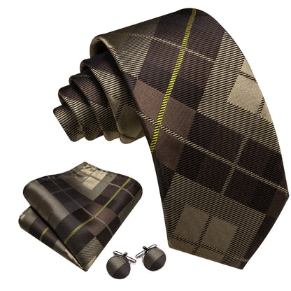 Dark Brown Plaid Checkered Tie, Pocket Square and Cufflinks Set tie sets    - Sophisticated Gentlemen