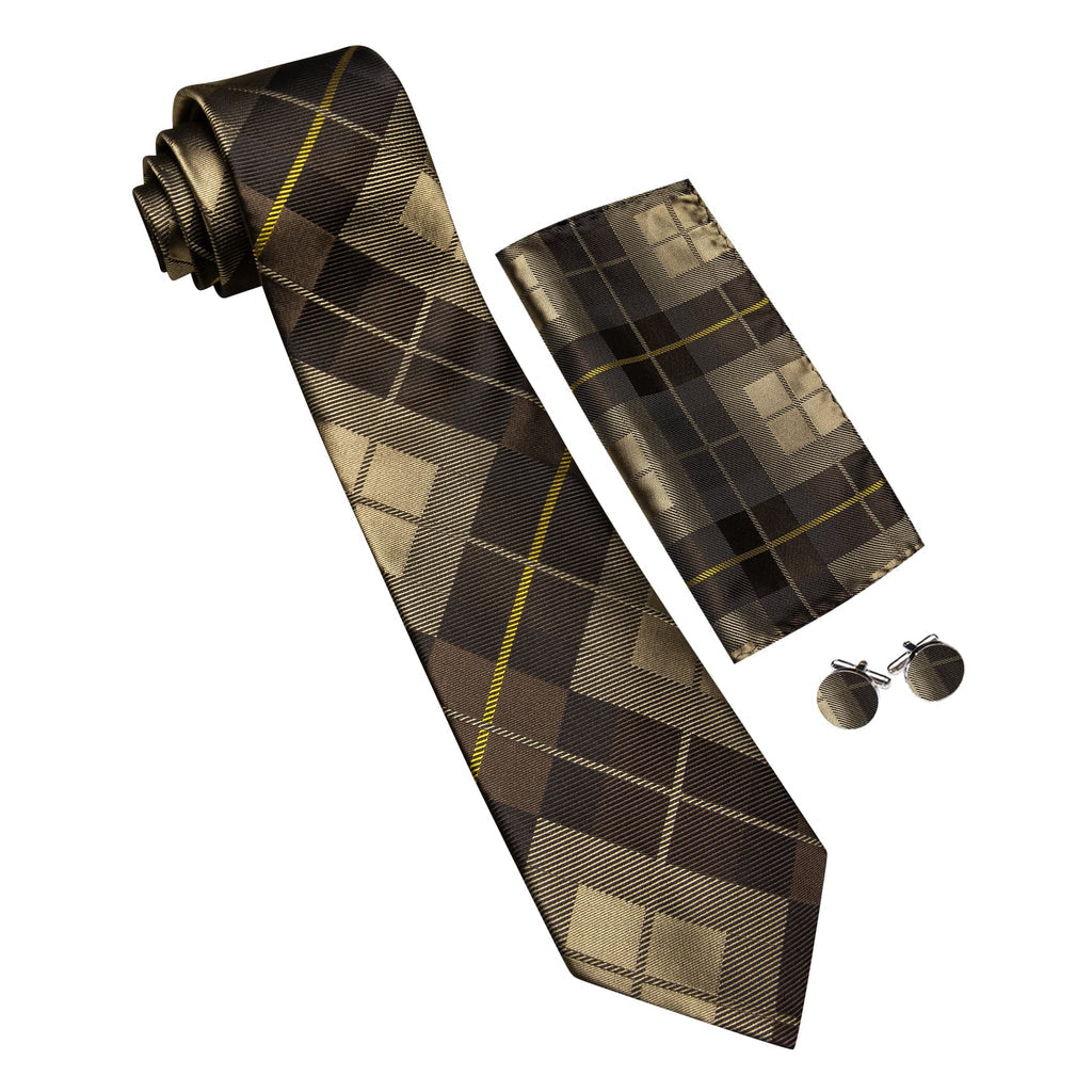 Dark Brown Plaid Checkered Tie, Pocket Square and Cufflinks Set tie sets    - Sophisticated Gentlemen