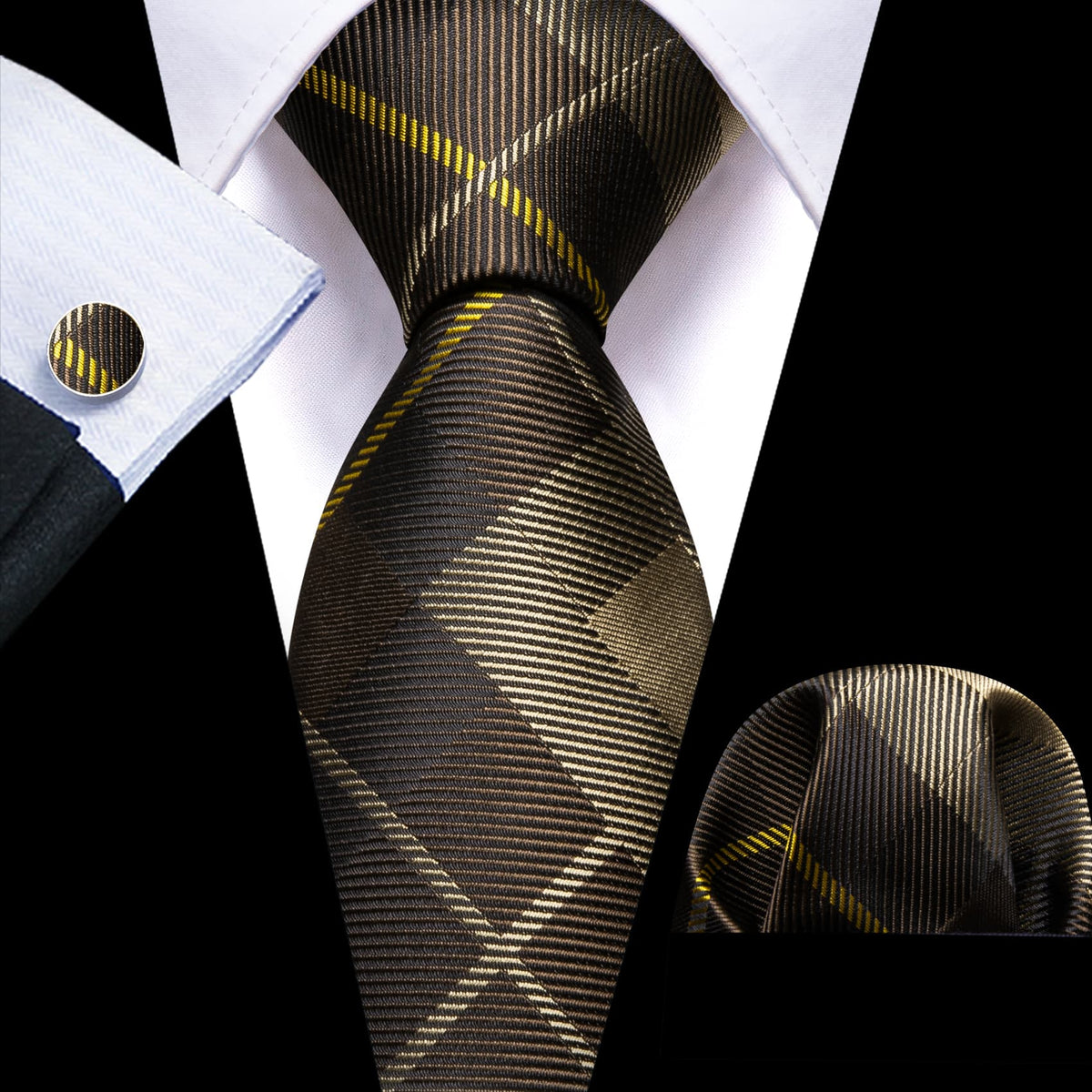 Dark Brown Plaid Checkered Tie, Pocket Square and Cufflinks Set tie sets    - Sophisticated Gentlemen