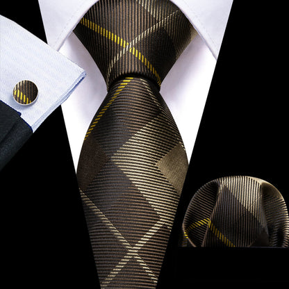 Dark Brown Plaid Checkered Tie, Pocket Square and Cufflinks Set tie sets    - Sophisticated Gentlemen