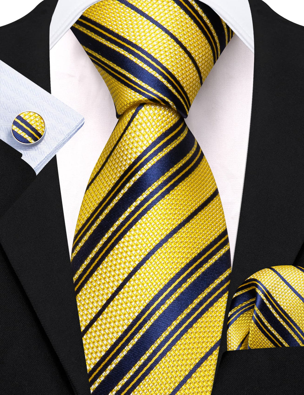 Yellow Navy Blue Striped Tie, Pocket Square and Cufflinks Set tie sets    - Sophisticated Gentlemen