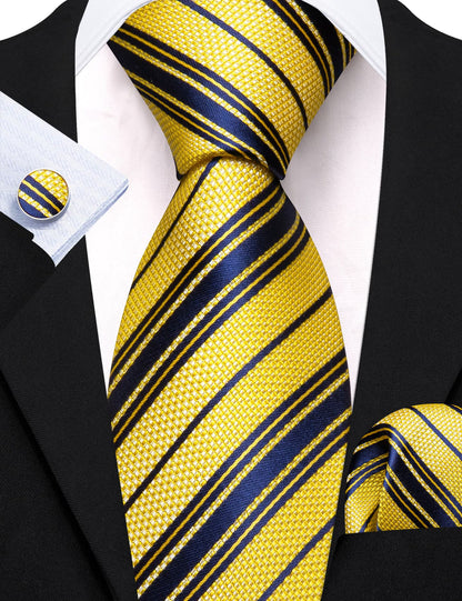Yellow Navy Blue Striped Tie, Pocket Square and Cufflinks Set tie sets    - Sophisticated Gentlemen
