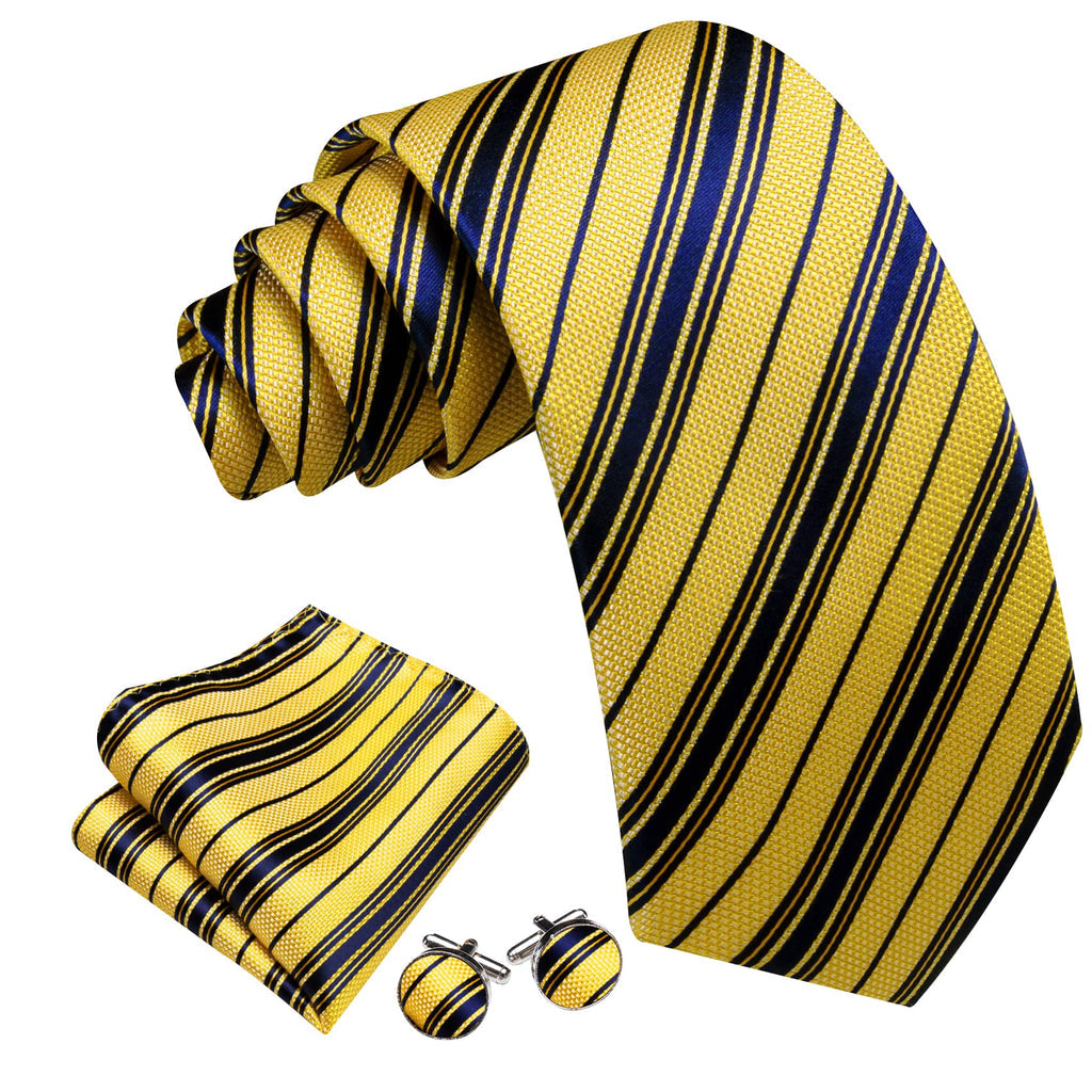 Yellow Navy Blue Striped Tie, Pocket Square and Cufflinks Set tie sets    - Sophisticated Gentlemen