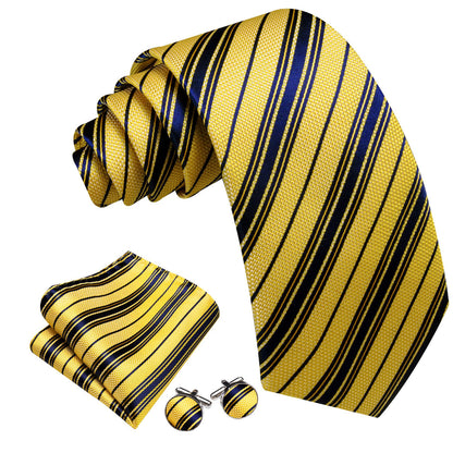 Yellow Navy Blue Striped Tie, Pocket Square and Cufflinks Set tie sets    - Sophisticated Gentlemen