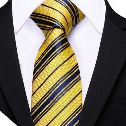 Yellow Navy Blue Striped Tie, Pocket Square and Cufflinks Set tie sets    - Sophisticated Gentlemen