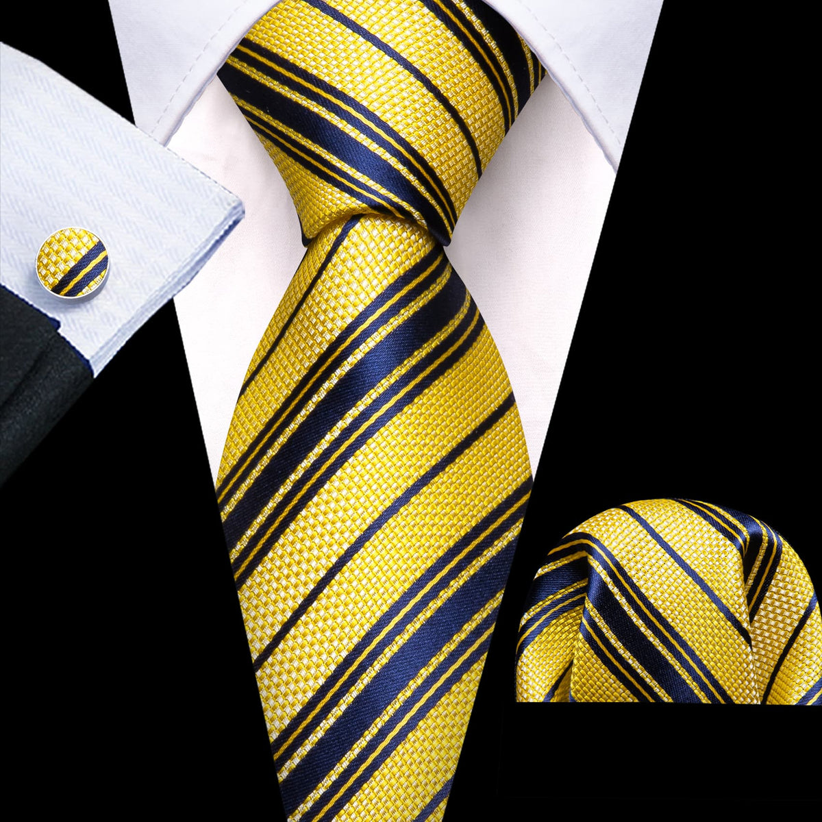 Yellow Navy Blue Striped Tie, Pocket Square and Cufflinks Set tie sets    - Sophisticated Gentlemen